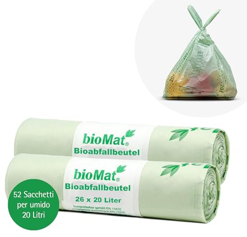 bioMat 20l kompostierbare und klimaneutrale Bioabfallbeutel mit Henkel, 52 Stk. Biomüllbeutel, DIN+ Zertifiziert, Grün