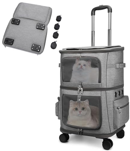 LYXLBX Doppelter Katzenrucksack Mit Abnehmbaren Rädern, Hundetrage Tragbare Reisetasche,Faltbarer Katzentransportbox Trolley Für 2 Katzen/Kleine Hunde/Kaninchen 10Kg