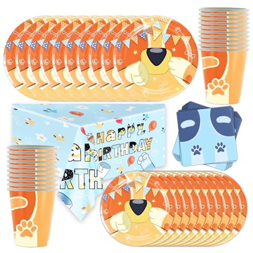 Lot de 61 décorations de table pour anniversaire d'enfant - Bleu - Assiettes, gobelets, serviettes, nappe, décoration de fête d'anniversaire à thème