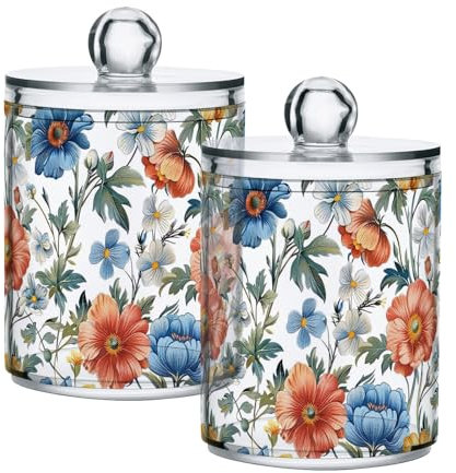 CHIFIGNO Paquete de 4 tarros de plástico transparente de 10 onzas, tarros de boticario vintage de acuarela floral, organizador de almacenamiento de baño para almohadillas de algodón, bola de algodón,