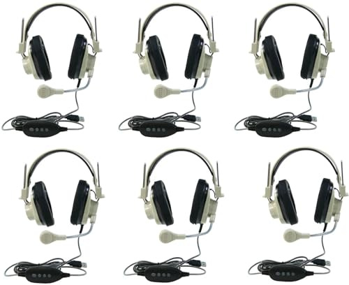 3066-USB CT - Set di 6 cuffie stereo over-ear deluxe, colore beige; microfono a collo d'oca; presa USB; cavo a 2 strati resistente al taglio e alla masticazione; archetto regolabile; cuscinetti