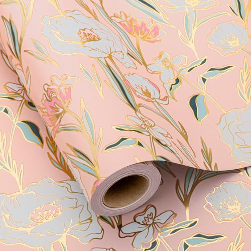 Wikadlik Geschenkpapierrolle mit rosa Blumen, 43 cm x 10 m, elegantes Blumenmuster, Goldglanz, Geschenkpapier für Geburtstag, Hochzeit, Muttertag, Valentinstag