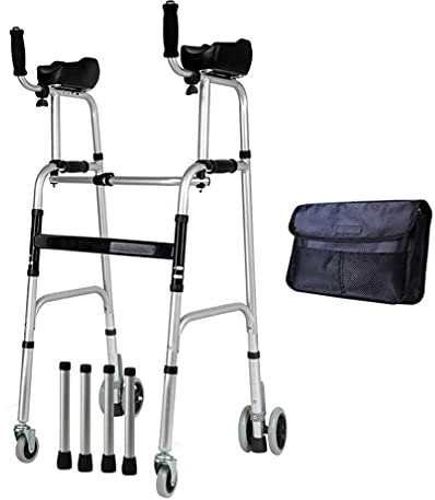 RENYUEH Gehgestell, 4-Rad-Gehhilfe für ältere Menschen, zusammenklappbar, mit Armlehnen-Stützpolster und Feststellbremsen, Aluminium-Trainer für die unteren Gliedmaßen, Sehnsucht nach
