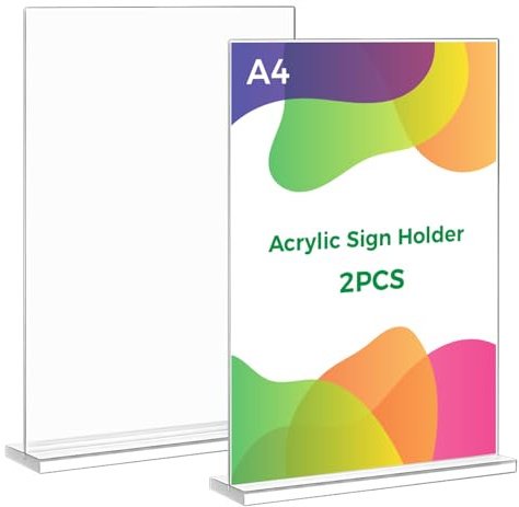 Thboxes 2 Pack A4 Acrylic Sign Holder, T-Shaped Double-Sided Display Stand | Clear Acrylic, Stable Base, Easy Insert, Waterproof, for Menus, Signs, Photos and Displays