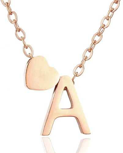 AFSTALR Gold Silver Rose Gold Initial Necklace for Women Stainless Steel A-Z Letter Name Necklace with Tiny Heart Pendant Personalised Necklaces Jewellery Birthday Gifts for Women Girls