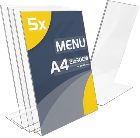 TAPKUA ​Tischaufsteller A4, 5er Pack Transparenter Acryl Schilderhalter L-Form Aufsteller für Büro, Restaurant, Geschäft, Hotel, Theke (5 Stück - A4)