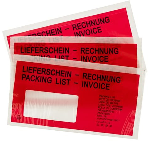 LOGIC PACK Lieferscheintaschen DIN DL rot bedruckt selbstklebend 1000 Stück | LDPE-Folie, wasserfest, stark selbstklebend, scanbar, recycelbar, für Begleitpapiere und Rechnungen, sicher schützend