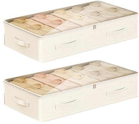 Kinberry Underbed Storage Bags, 2 Pack 72L Under Bed Storage Box with Lid Foldable Wardrobe Storage Organiser with PVC Window, Reinforced Handle for Clothes, Blanket Comforters and Bedding