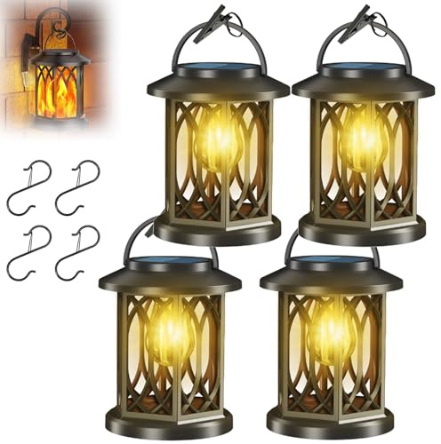 Upgraded Flickering Flame Solar Lantern Outdoor Waterproof Light, Dancing Flickering Flame Solar Fire Bowl Wall Lanterns Auto On/Off Hanging Pool Lights for Yard Patio Path Garden Decor(B*4)
