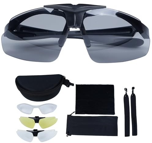 TACWJDM Taktische Schutzbrille Zum Aufklappen, 3 Austauschbare Gläser (HD-Sicht), Blendfrei Und Stoßfest, Einsatz Für Sehstärken, Kompaktes MOLLE-kompatibles Etui Zum Radfahren Und Wandern(Black)