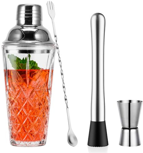 OUZHOU Boston Shaker - Juego de 4 cocteleras de cristal con tapa de acero inoxidable a prueba de fugas, juego de cocteleras con vaso medidor de vino, palillos agitadores, para casa y bar