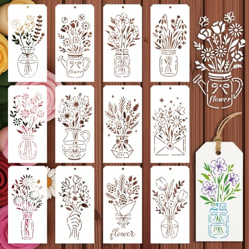 GOMAKERER 12 Blatt Malschablonen Für Vasen Blumensträuße, 12 Stile Rosen Sonnenblumen Tulpen Zeichenvorlagen Wildblumen Wiederverwendbare PET Kunstschablonen Zum Malen Auf Wand Holz Heimdekoration