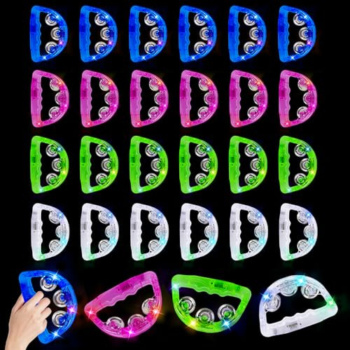 LED-Tamburine mit Musik: Handheld-Musik, blinkendes Tamburin, leuchtet im Dunkeln, Partyzubehör, LED-Tamburine, Percussion-Instrument für Bar, Weihnachten, Halloween (weiß, rot, blau, grün, 24 Stück)