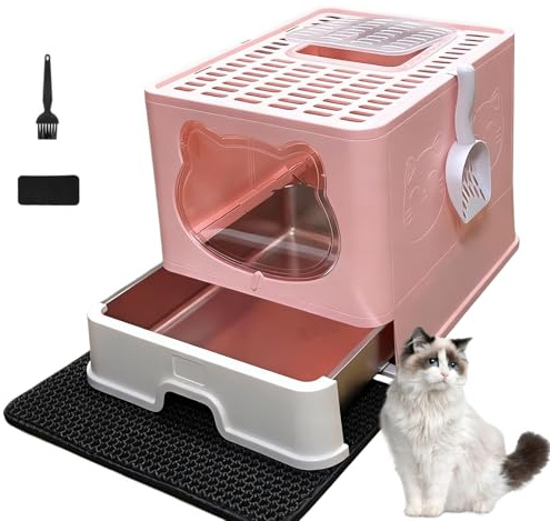 HelloMiao Stängt Kattsandlåda med Tak & Rostfri Draglåda - Katzentoalett med Aktivt Kolfilter, Skovel och Sandmatta - för Katter upp till 10 kg