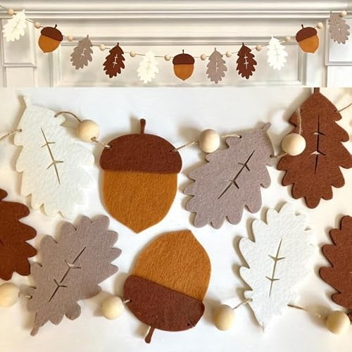 Herbstliche Filz-Blättergirlande mit Holzperlen, Rot-Braun-Gelb, 2 Meter, Herbstdekoration für Kaminsims, Landhausstil (Braun)