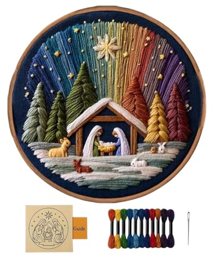 Acunny Kit De Broderie De Noël Pour Adultes - Fournitures Artisanales Créatives Nativité | Kit de Broderie Tamponnée pour Adultes | Idée Cadeau Femmes Filles Passionnées Anniversaire Projets
