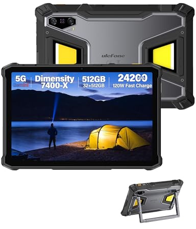 Ulefone Armor Pad 5 Pro 5G Tablet Rugerizzato, 24200mAh/120W, Dimensity 7400X 32GB+512GB, 11 Pollici Tablet Android 15 IP68 Antiurto,1000LM Luce Campeggio 11 Pollici Rugged 64MP+Visione Notturna 64MP