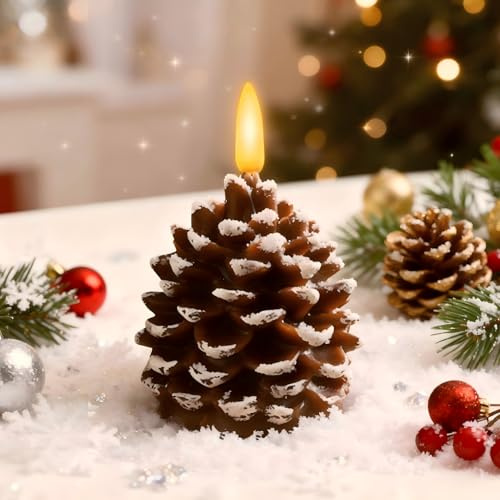 Xevinas Flammenlose Tannenzapfenkerzen LED mit Timer, 2er Set Tannenzapfenförmige Wachskerzen mit Beweglicher Docht Realistische Flamme für Weihnachtsdekoration Schneegestöber (B)