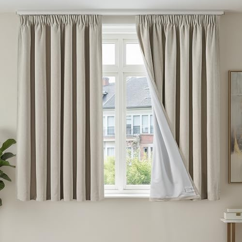 TOPICK 100% Blackout Curtains 54 Inch Drop for Bedroom, Linen Look Thermal Curtains with White Coating, Soft Light Blocking Pencil Pleat Curtain 2 Drapes for Living Room, Light Linen, W46 x L54 Inch