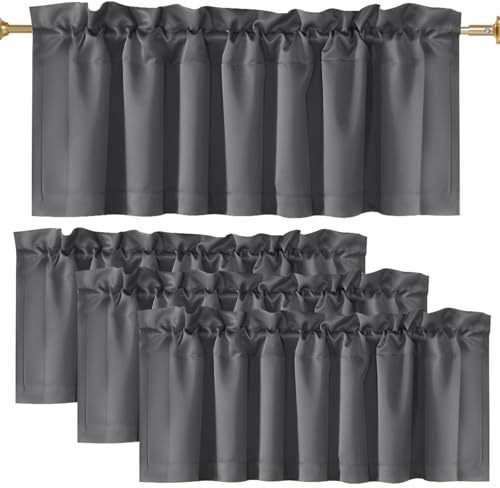 YUNYOUC 4 Panels Short Blackout Curtains, Small Cafe Curtains, 52x18 inch Polyester Blackout Valance for Kitchen Living Room Cafe Bathroom Laundry(Dark Grey 4PCS)