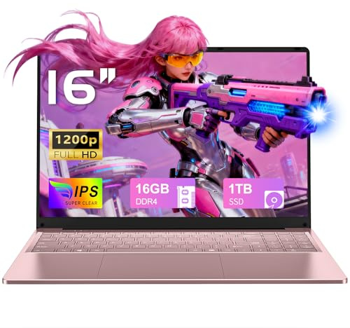 FUNYET 2025 PC Portatile 16'' Celeron N150 Core 3.6GHz Laptop 16 GB RAM 1 TB SSD Win 11 Pro 6000mAh Battery Notebook FHD 1920×1200 USB 3.0 BT 5.0 WIFI 5 HDMI Tastiera Retroilluminata-Rosa