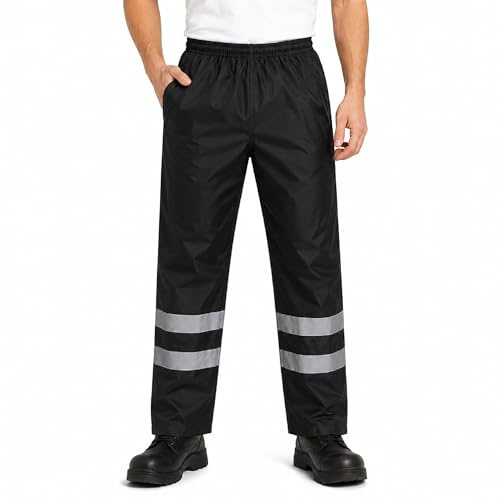 Hi Vis Waterproof Over Trousers Mens | High Visibility Reflective Safety Rain Pants | 2 Band Reflective Tape | Elasticated Waistband | Lightweight PU Workwear Over Trouser, (Black, L)