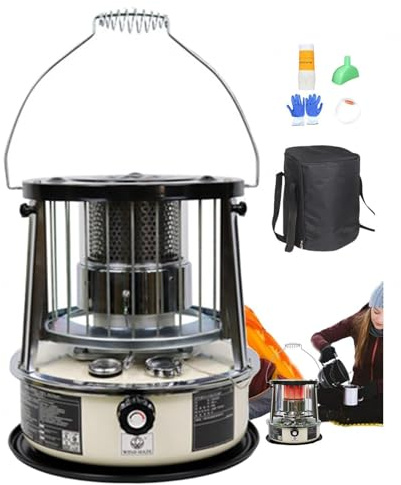9000 BTU Stufa a Petrolio Da Interno Riscaldamento a Stoppino Serbatoio Da 4,6 Litri Riscaldamento Di Emergenza Senza Elettricità Riscaldatore per Campeggio,Emergenze,Off-white-completeset