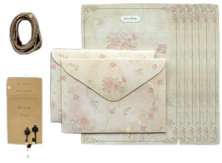 Set Di Carta Da Lettere Con Ghirlanda Di Fiori e Busta, 48 Pezzi, Carta Da Lettere Vintage 150g, Set Di Carta Da Lettere Vintage Con Fogli, Buste, Chiavi Metalliche Adesive, Corde Di Canapa