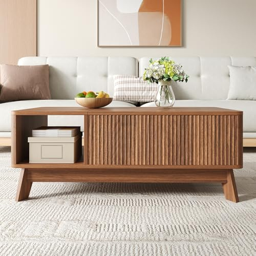 SACOOL Mesa de centro con función de elevación, diseño de ondas, compartimento lateral abierto, material MDF, estilo moderno, nogal