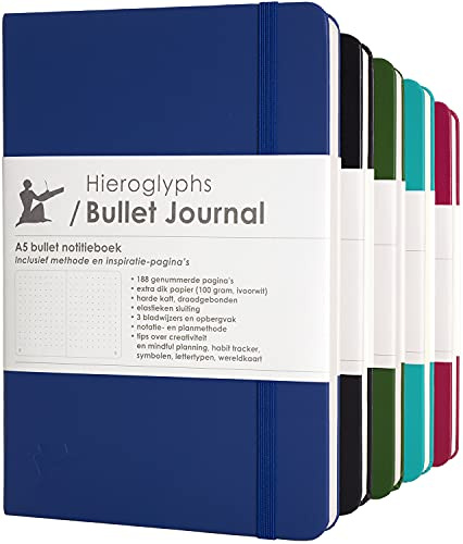 Bullet Journal/dotted notitieboek A5 - met Nederlandstalige methode - genummerde pagina’s, opbergvak, 3 leeswijzers, elastieken sluiting - van Hieroglyphs