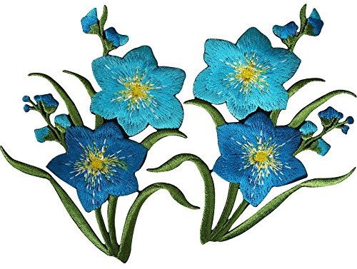1 Paar blaue Blumen-Flicken zum Aufbügeln oder Aufnähen, bestickt