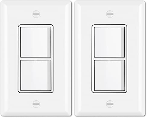 BESTTEN 2 Pack Double Rocker Light Switch, Single Pole Combination Interrupter, 15A 120V, Dual Control Paddle Rockers, in-Wall On/Off Switch, Wall Plate Included, White, UL Listed