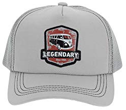 BRISA VW Collection - T1 Bulli Bus Trucker Cap Vintage Herren Damen | Volkswagen Retro Military Kappe Mütze Cappy Baseball Hut, Einstellbar Atmungsaktiv Mesh, Baumwolle Jeans, Vintage Logo/Grau