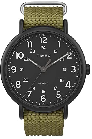 Timex Men's Weekender XL 43mm Watch – Black Case Black Dial with Olive Fabric Slip-Thru Strap