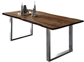 SAM Esszimmertisch 140x80 cm ULM, Baumkantentisch nussbaumfarben, Akazienholz massiv, U-Gestell Edelstahl gebürstet
