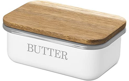 Navaris Burriera in Metallo con Tappo Acacia - Scatola Portaburro per Conservazione Burro Formaggio Latticini Alimenti Frigorifero - Microwave Safe