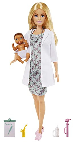 Barbie Métiers coffret Pédiatre avec poupée blonde en blouse blanche de médecin, bébé et accessoires, jouet pour enfants, GVK03