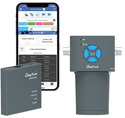 LinkTap 4-Zonen Smart Bewässerungssteuerung & Gateway, Batteriebetriebener Bewässerungsregler & App, Wetter Klug, Bessere Reichweite als WLAN, Kompatibel mit LinkTap Smart Bewässerungscomputer, IP66