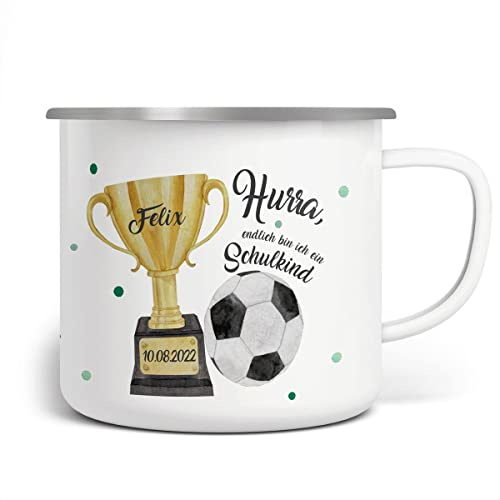 miKalino Emaille Tasse Jungs - Trinkbecher Kinder personalisiert - Emaille Becher für Schulanfänger - Kindertasse mit Namen - Kindertasse bedruckt - Emaille Becher Weiß