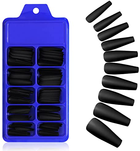 Molain Matte Acrylic Fake Nails Tips Kit Set 100 Pieces False Fingernails Extension Long Square Shape Coffin Ballerina Full Cover On Press Professional Tech DIY Decorations Halloween Day(Black)