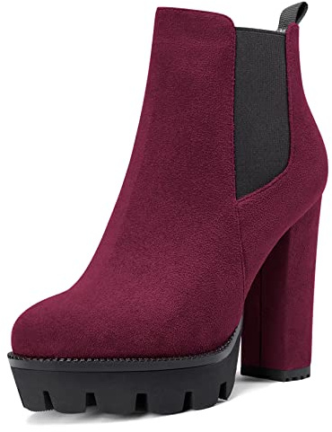 Castamere Donna Alto High Tacco Heel Chunky Blocco Piattaforma Rotonda Punta Stivaletti Slip-on Classico Stivali Borgogna Rosso 35 EU