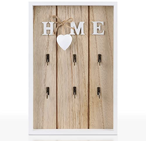efuturetime Schlüsselbrett Holz, 30 * 20 * 2.8cm, Schlüsselkasten Vintage mit 6 Haken, Schlüsselhaken Wand, Schlüsselboard aus Holz, Weiß, HOME Modell
