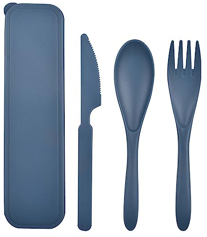 CUNTAUK 4-delat resebestickset med fodral, återanvändbara plastgafflar, skedar, kniv, bärbar, hållbar, miljövänlig, perfekt för resor, picknick, camping, skollunchlåda eller daglig användning (mörkblå