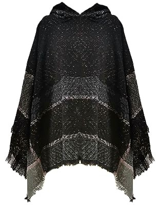 JFAN Stickade ponchos med fransar för kvinnor stickade ponchos mössor huva halsduk varm poncho, svart, one size
