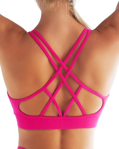 RUNNING GIRL Sports Bras for Women Pack Criss Cross Back Sexy Strappy Sports Bra Seamless Padded Yoga Bra with Removable Cups(2942 Hot Pink M)