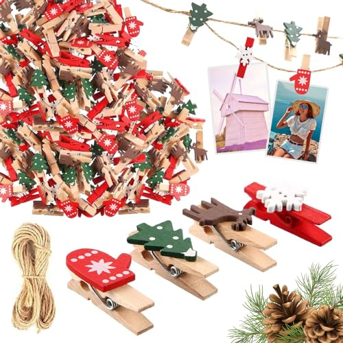 SPERMUOY - Pinces de Noël, lot de 100 mini pinces en bois pour arbre de Noël et fêtes