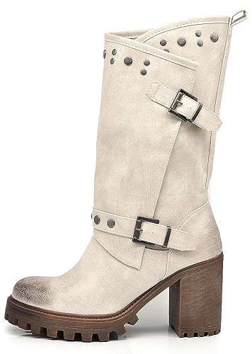 IF Fashion Stiefeletten für Damen mit kleinem Absatz Plateau Nieten Kunstleder G669, 673 Beige, 40 EU
