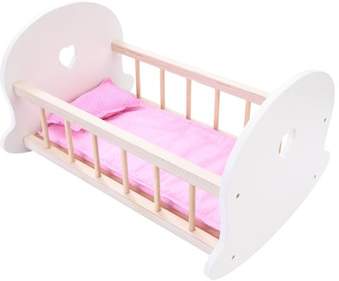 Engelhart – 606013 – Schaukelbett für Puppen Rosa/Weiß – Holzwiege für Puppen – Maße: 50 x 36 x 28 cm – ab 3 Jahren