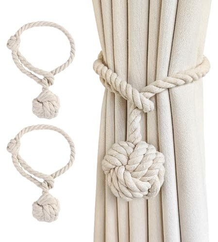 2 correas para atar cortinas, cuerdas para cortinas, bolas colgantes de cuerda para cortinas, fijadores de cuerda, correas de cortina tejidas a mano, cuerdas de algodón y lino, decoración del hogar