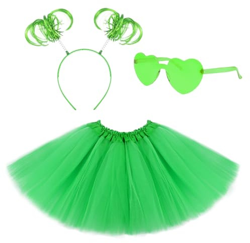Lainlight Tutu for Girls 3 Layered Tulle Tutu Skirts Set for 4-10 Year,with Heart Glasses,Ponytail Headband Party Supplies(3 Pcs) Green